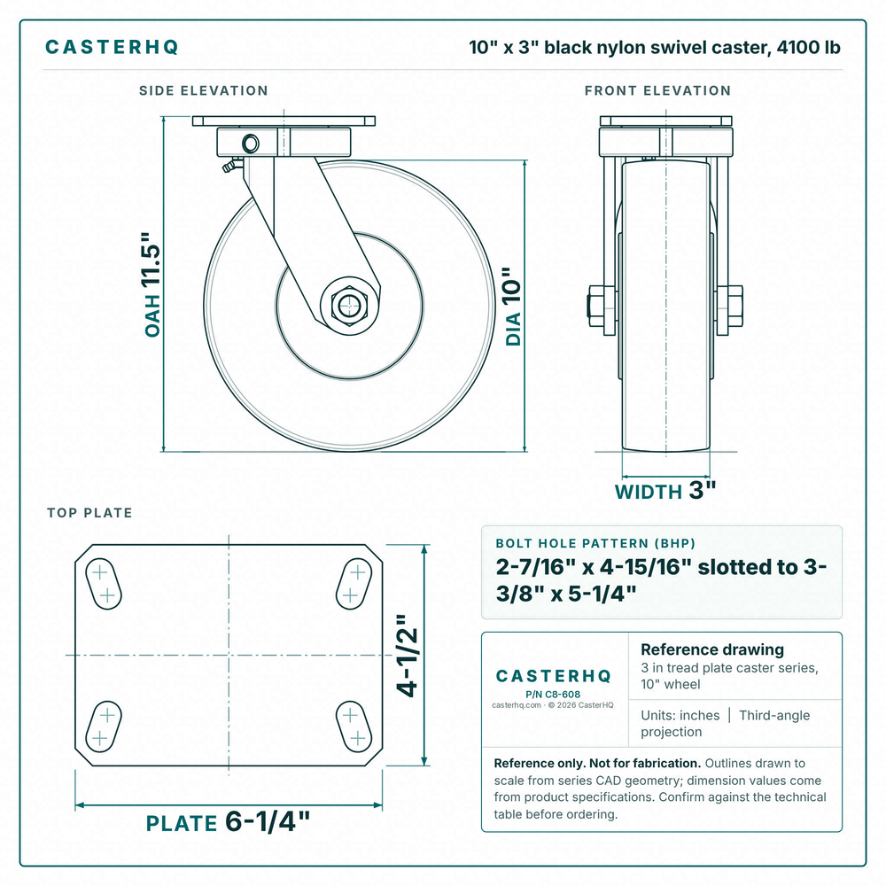 10 x 3 in black nylon swivel caster reference drawing, side, front and top plate views with dimensions