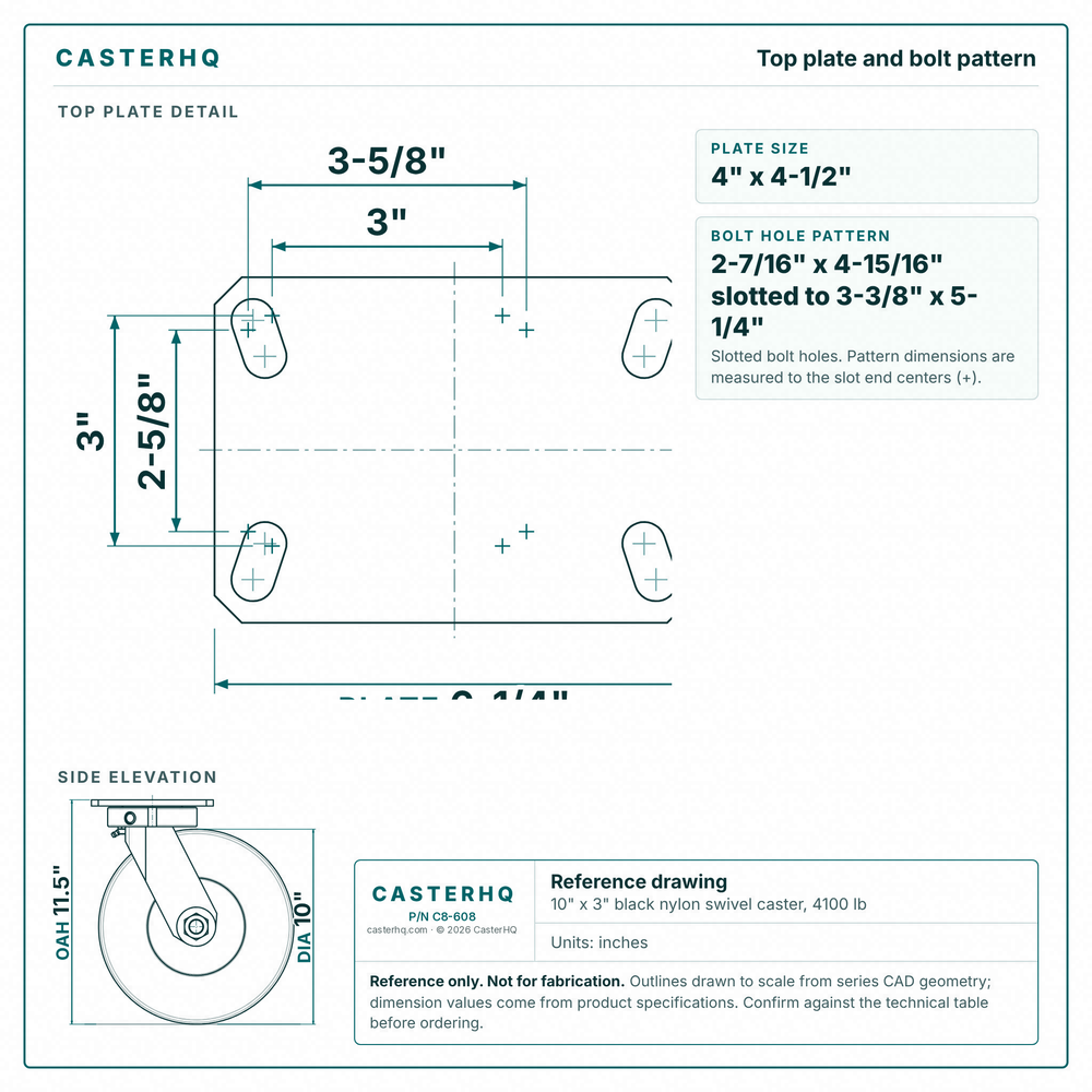Top plate bolt pattern drawing, ["4-1/2\" x 6-1/4\""] plate, slotted bolt holes