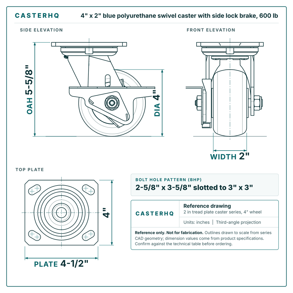 4 x 2 in blue polyurethane swivel caster with side lock brake reference drawing, side, front and top plate views with dimensions