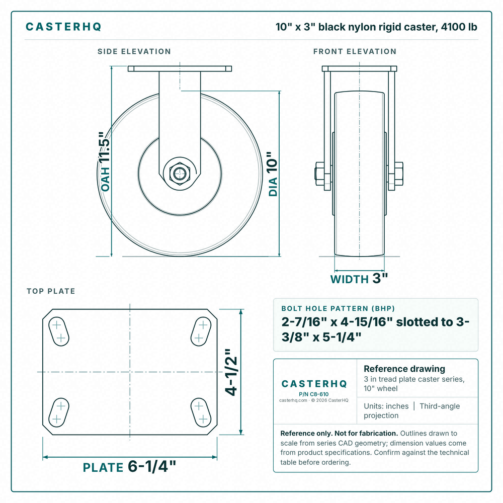 10 x 3 in black nylon rigid caster reference drawing, side, front and top plate views with dimensions