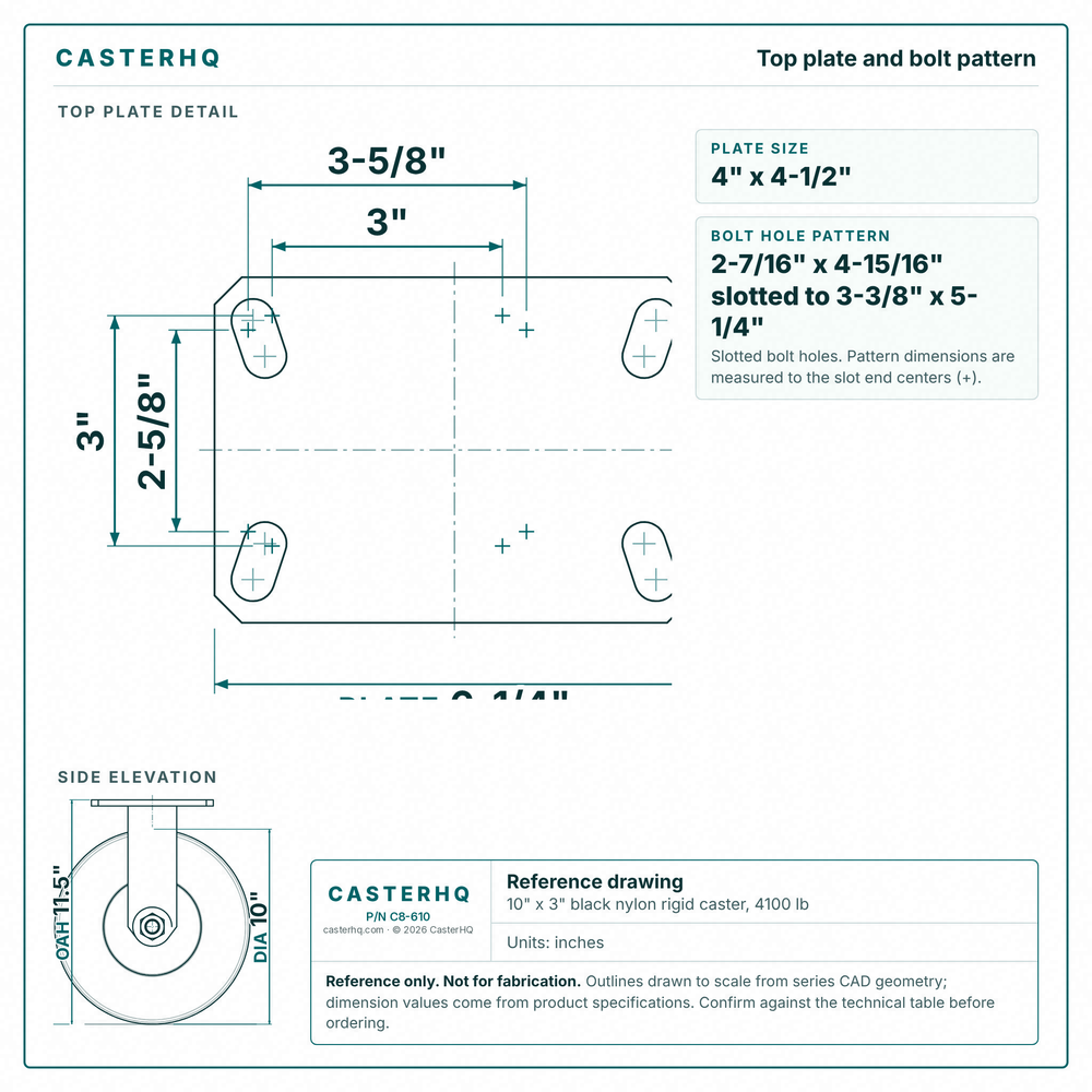 Top plate bolt pattern drawing, ["4-1/2\" x 6-1/4\""] plate, slotted bolt holes