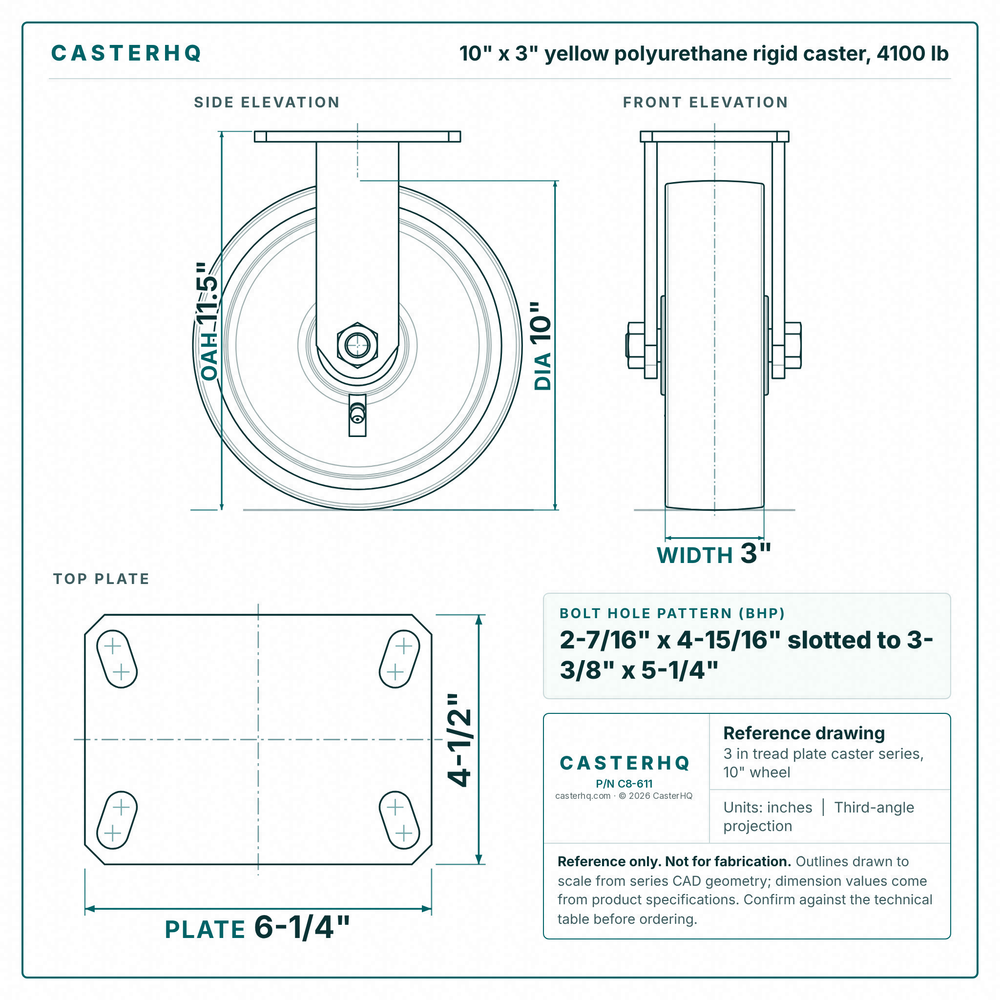 10 x 3 in yellow polyurethane rigid caster reference drawing, side, front and top plate views with dimensions