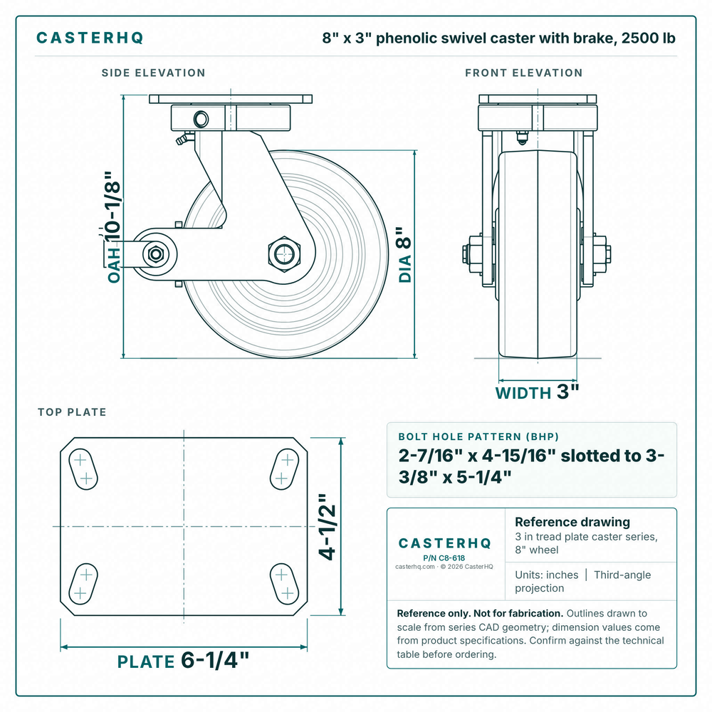 8 x 3 in phenolic swivel caster with brake reference drawing, side, front and top plate views with dimensions