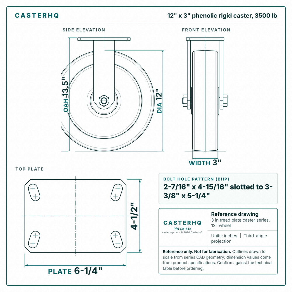 12 x 3 in phenolic rigid caster reference drawing, side, front and top plate views with dimensions