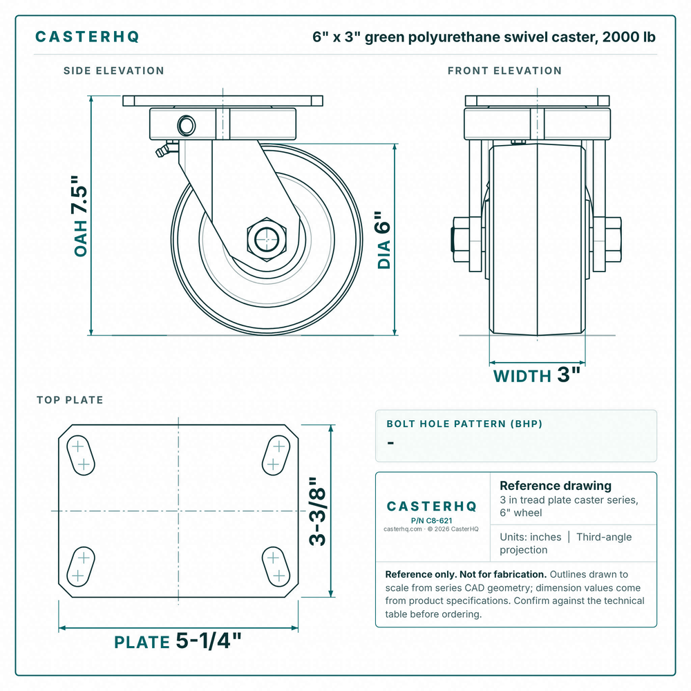6 x 3 in green polyurethane swivel caster reference drawing, side, front and top plate views with dimensions