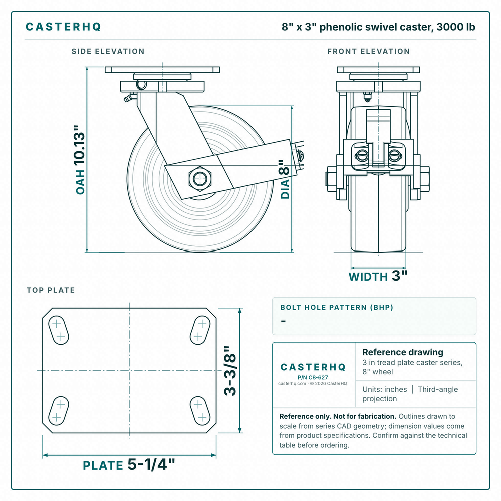 8 x 3 in phenolic swivel caster reference drawing, side, front and top plate views with dimensions