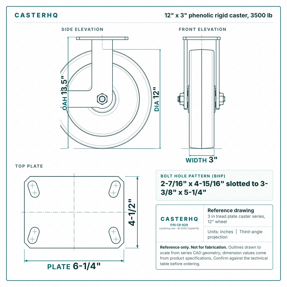 12 x 3 in phenolic rigid caster reference drawing, side, front and top plate views with dimensions