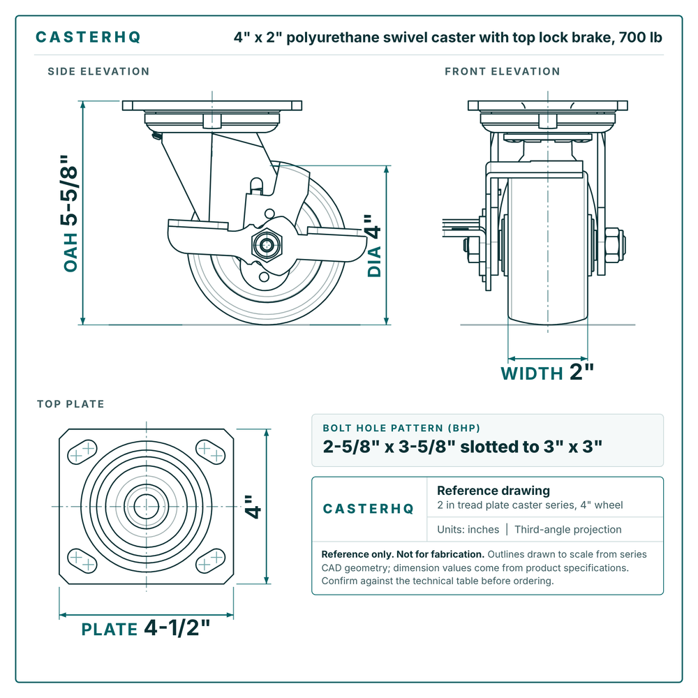 4 x 2 in polyurethane swivel caster with top lock brake reference drawing, side, front and top plate views with dimensions