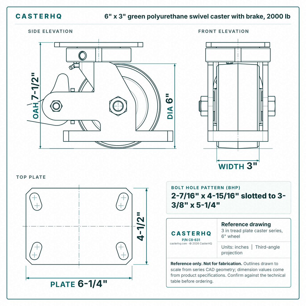 6 x 3 in green polyurethane swivel caster with brake reference drawing, side, front and top plate views with dimensions