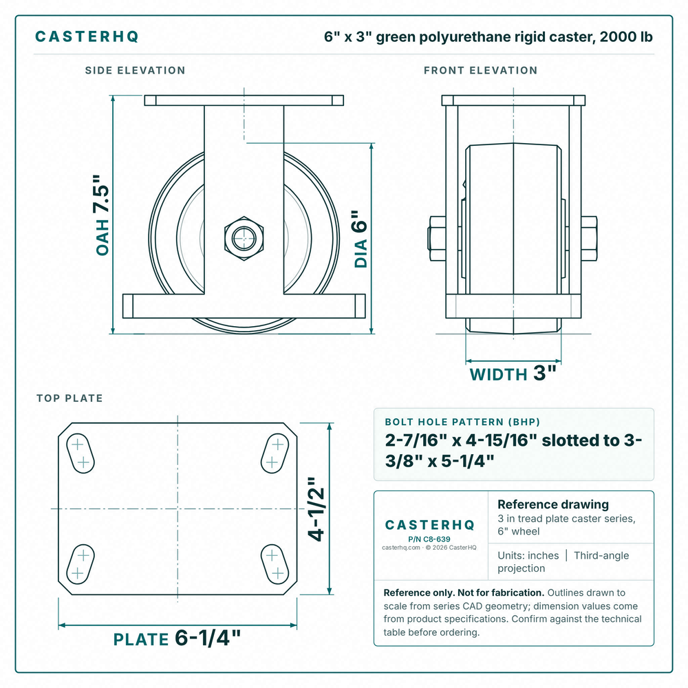 6 x 3 in green polyurethane rigid caster reference drawing, side, front and top plate views with dimensions