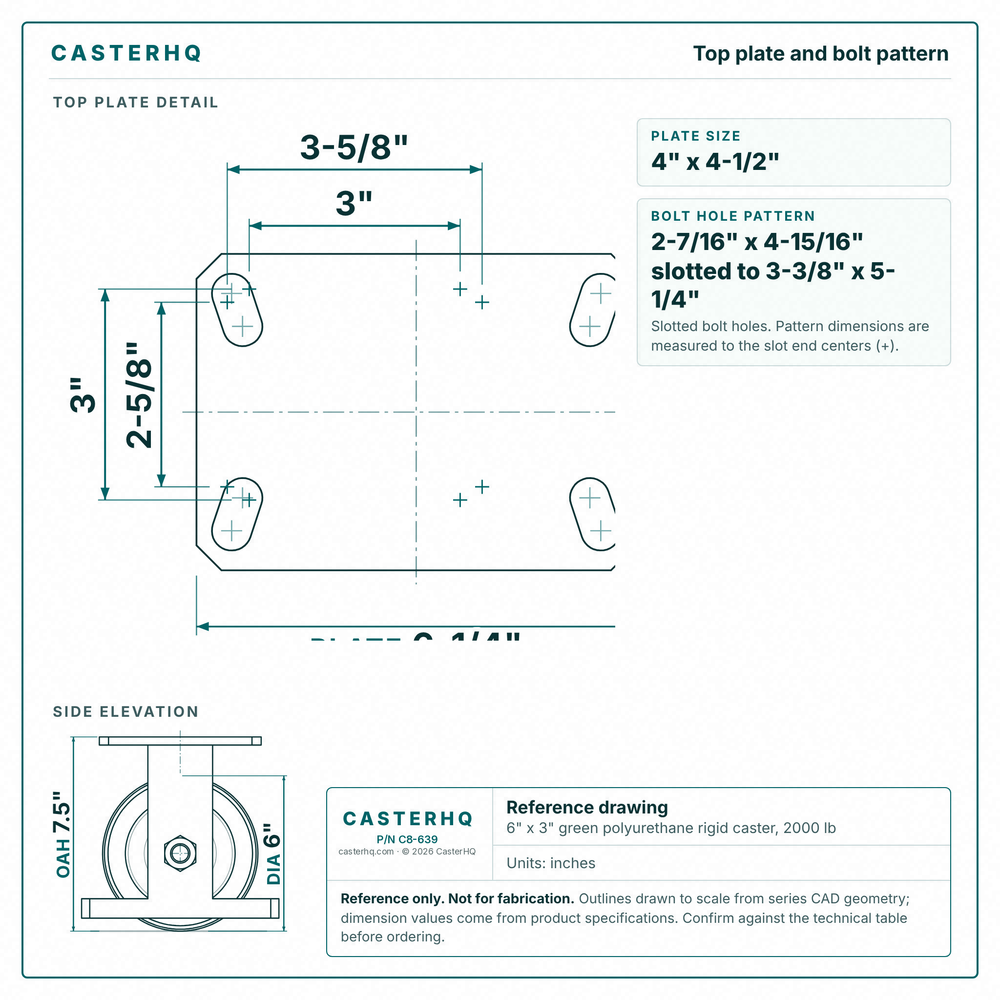 Top plate bolt pattern drawing, ["4-1/2\" x 6-1/4\""] plate, slotted bolt holes