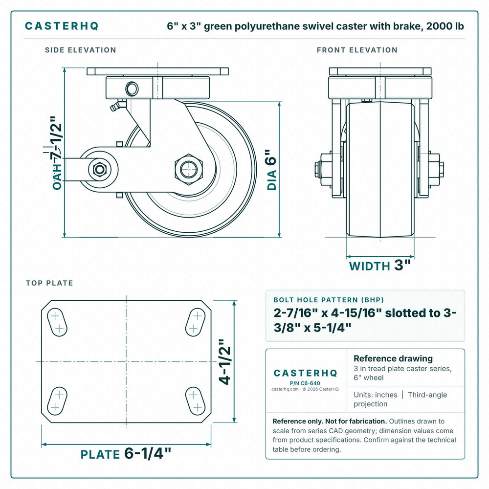6 x 3 in green polyurethane swivel caster with brake reference drawing, side, front and top plate views with dimensions