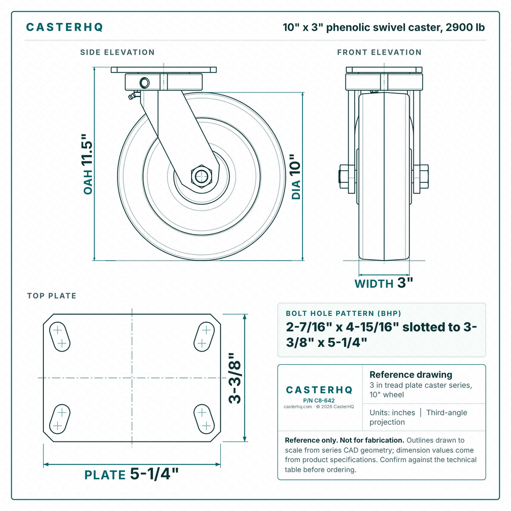 10 x 3 in phenolic swivel caster reference drawing, side, front and top plate views with dimensions