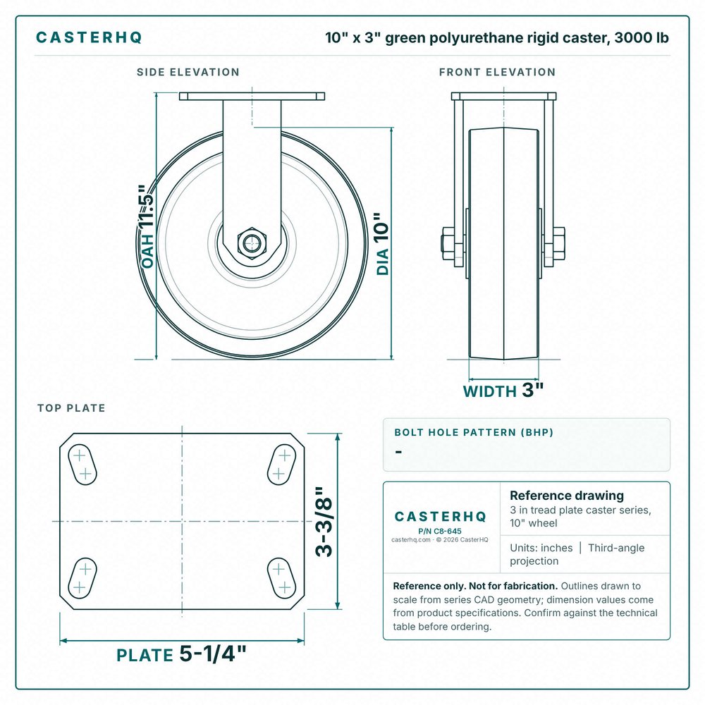 10 x 3 in green polyurethane rigid caster reference drawing, side, front and top plate views with dimensions