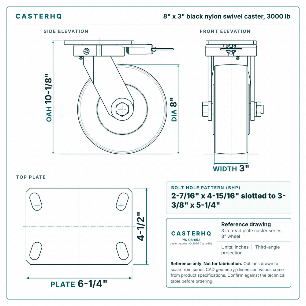 8 x 3 in black nylon swivel caster reference drawing, side, front and top plate views with dimensions