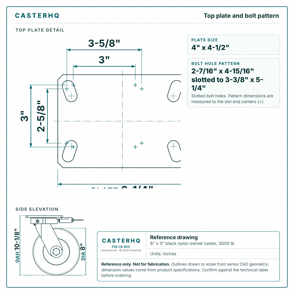 Top plate bolt pattern drawing, ["4-1/2\" x 6-1/4\""] plate, slotted bolt holes