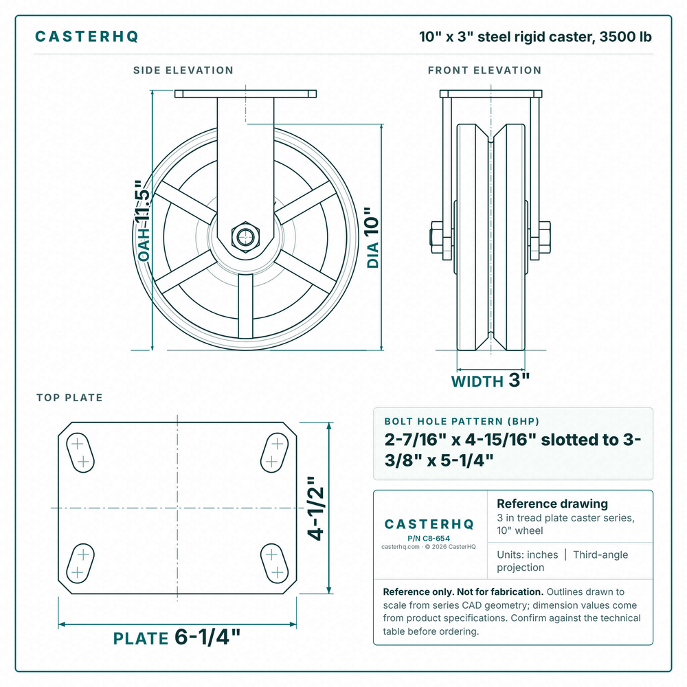 10 x 3 in steel rigid caster reference drawing, side, front and top plate views with dimensions