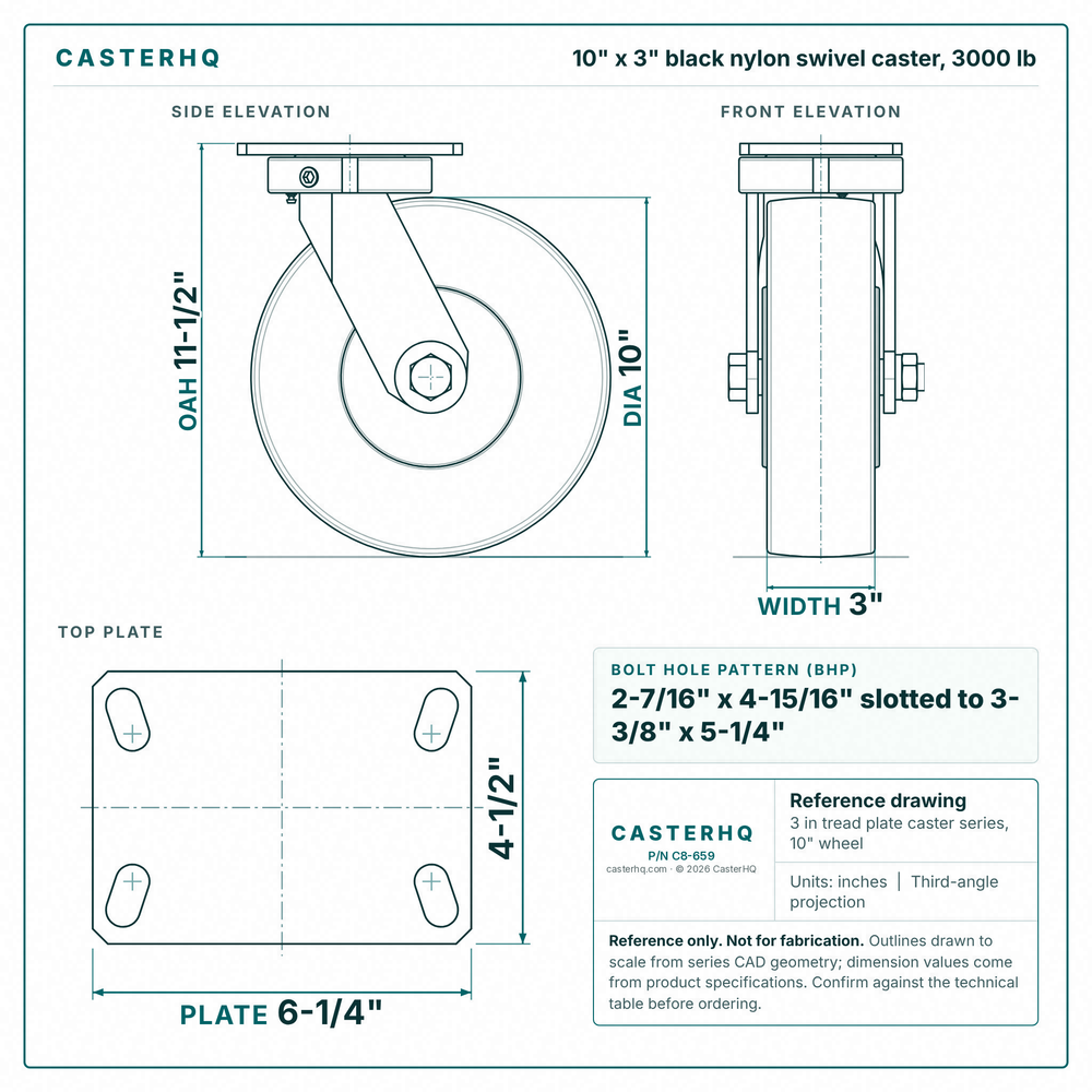10 x 3 in black nylon swivel caster reference drawing, side, front and top plate views with dimensions