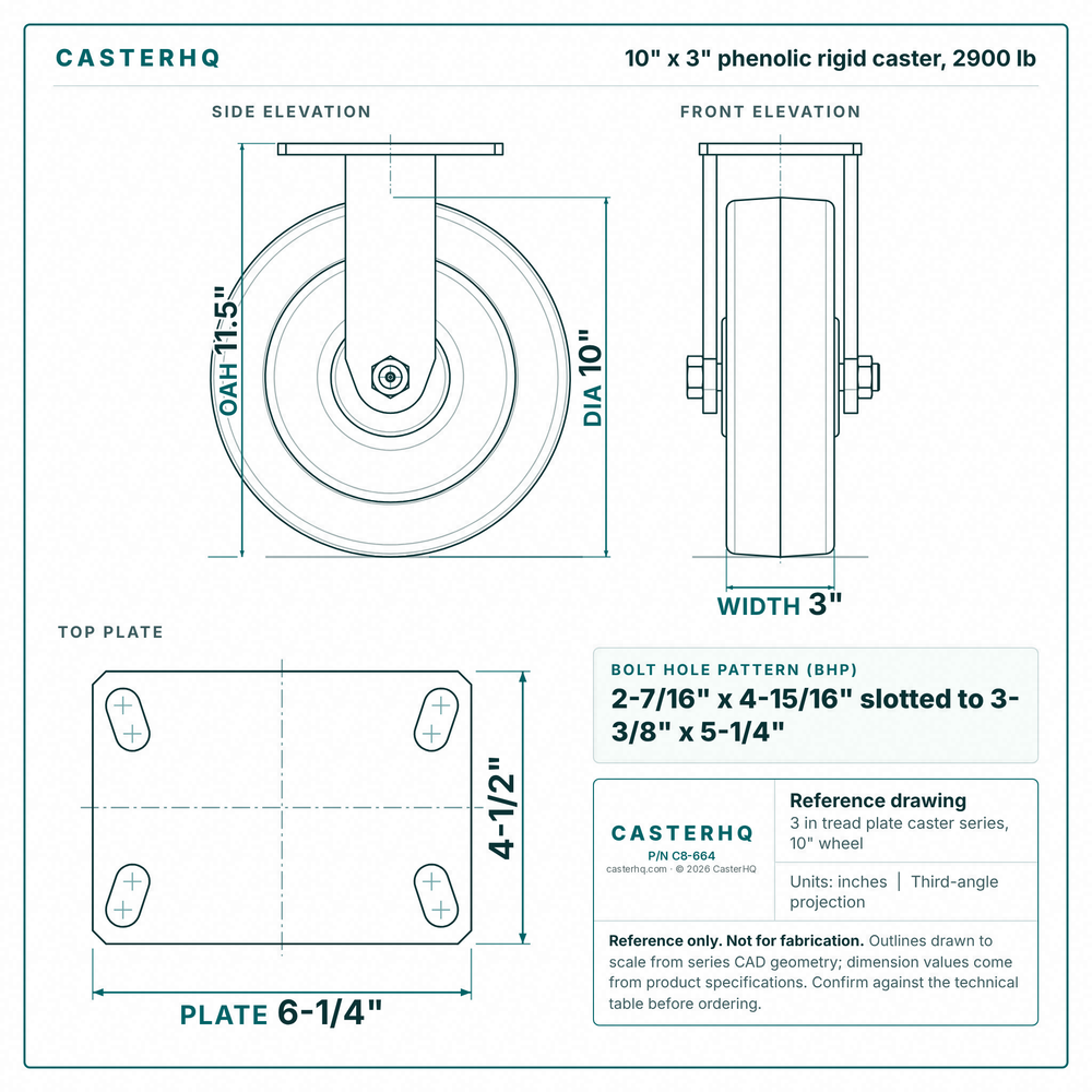 10 x 3 in phenolic rigid caster reference drawing, side, front and top plate views with dimensions