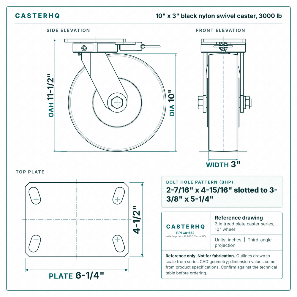10 x 3 in black nylon swivel caster reference drawing, side, front and top plate views with dimensions