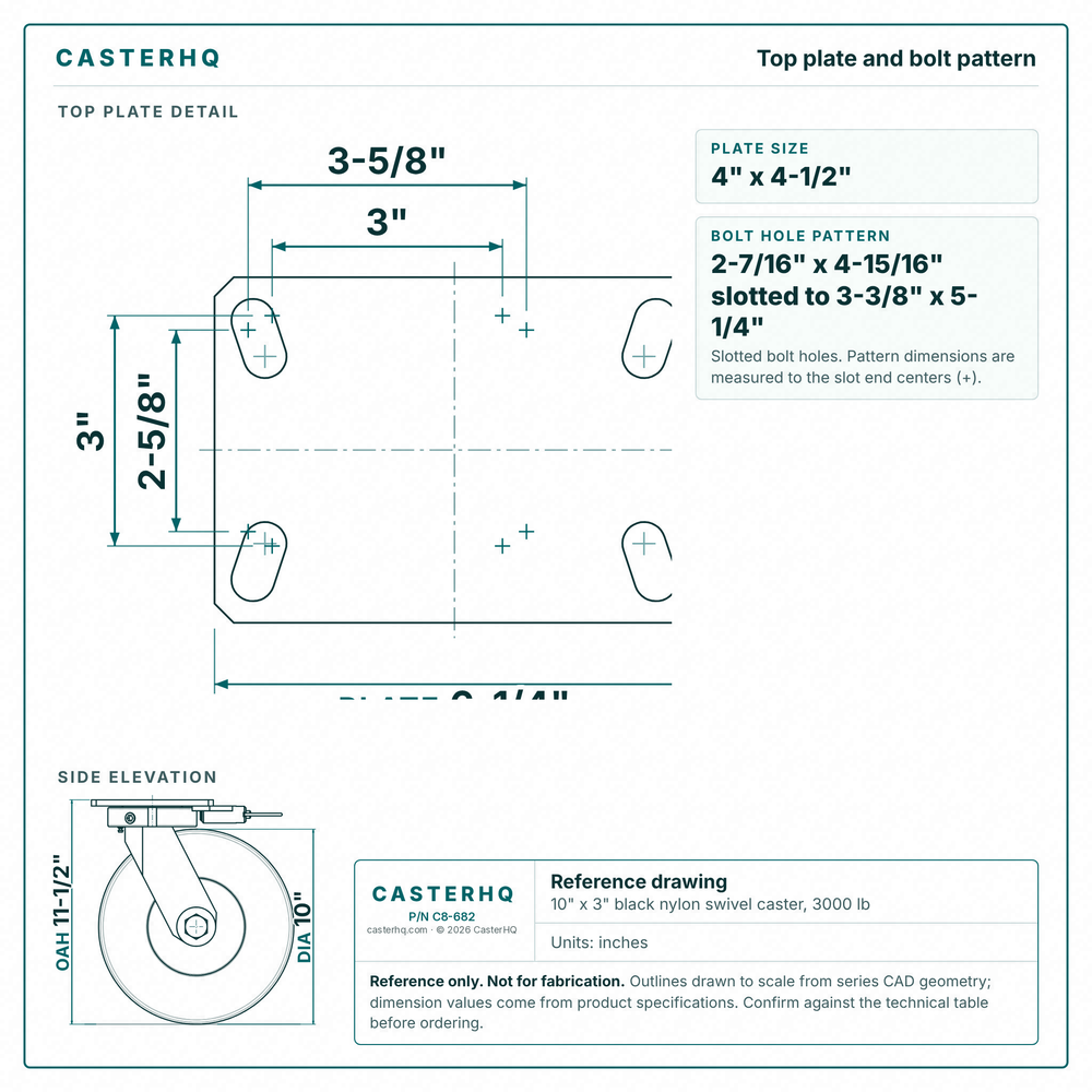 Top plate bolt pattern drawing, ["4-1/2\" x 6-1/4\""] plate, slotted bolt holes