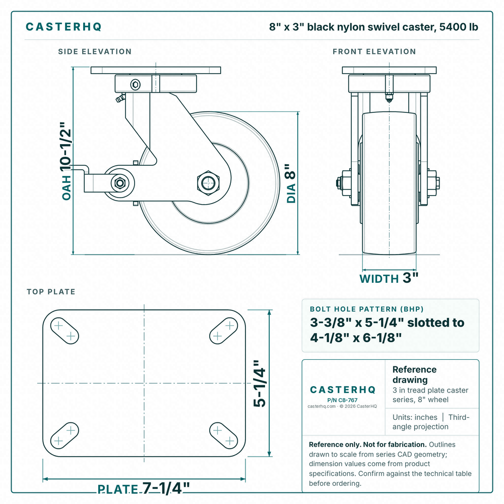 8 x 3 in black nylon swivel caster reference drawing, side, front and top plate views with dimensions