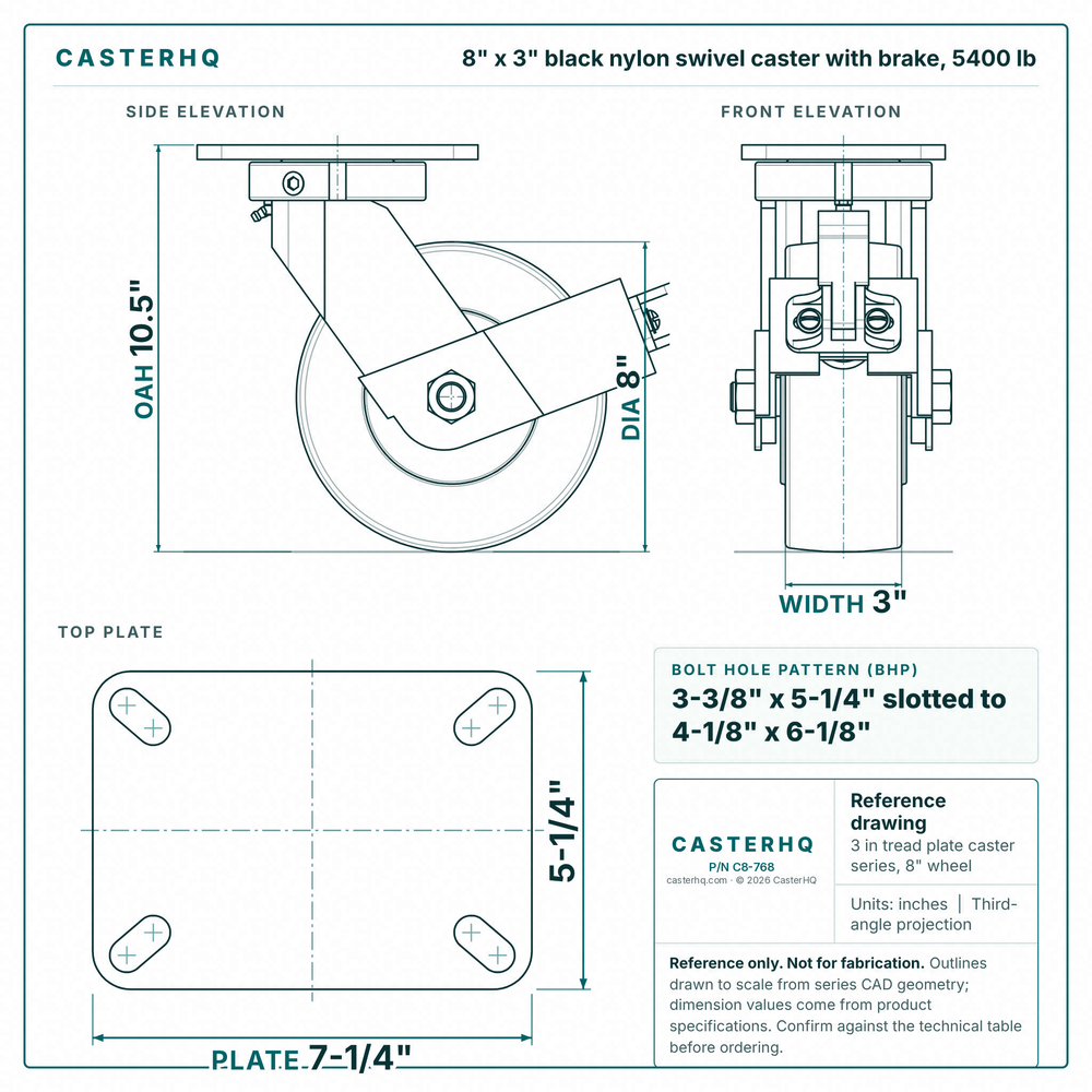 8 x 3 in black nylon swivel caster with brake reference drawing, side, front and top plate views with dimensions