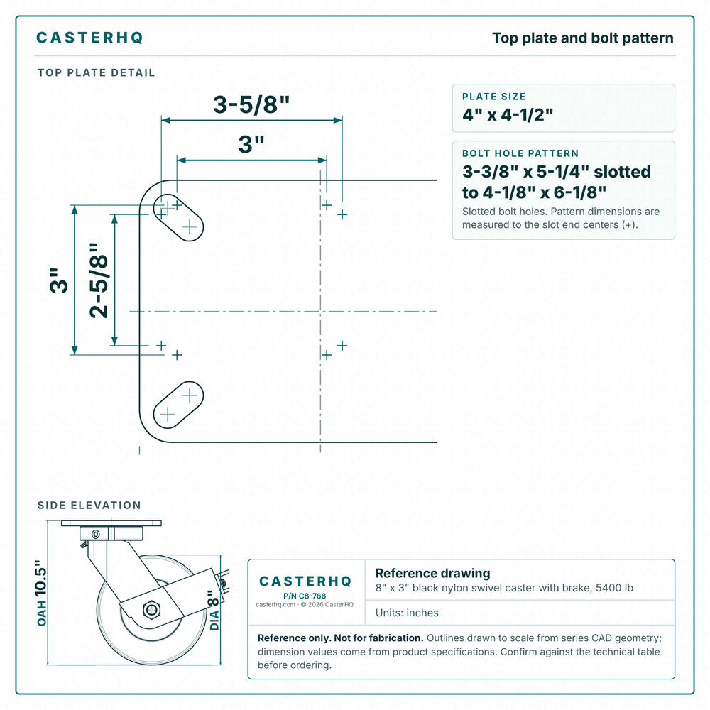 Top plate bolt pattern drawing, ["5-1/4\" x 7-1/4\""] plate, slotted bolt holes