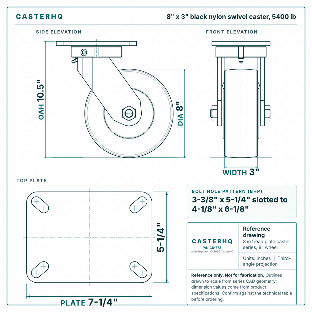 8 x 3 in black nylon swivel caster reference drawing, side, front and top plate views with dimensions