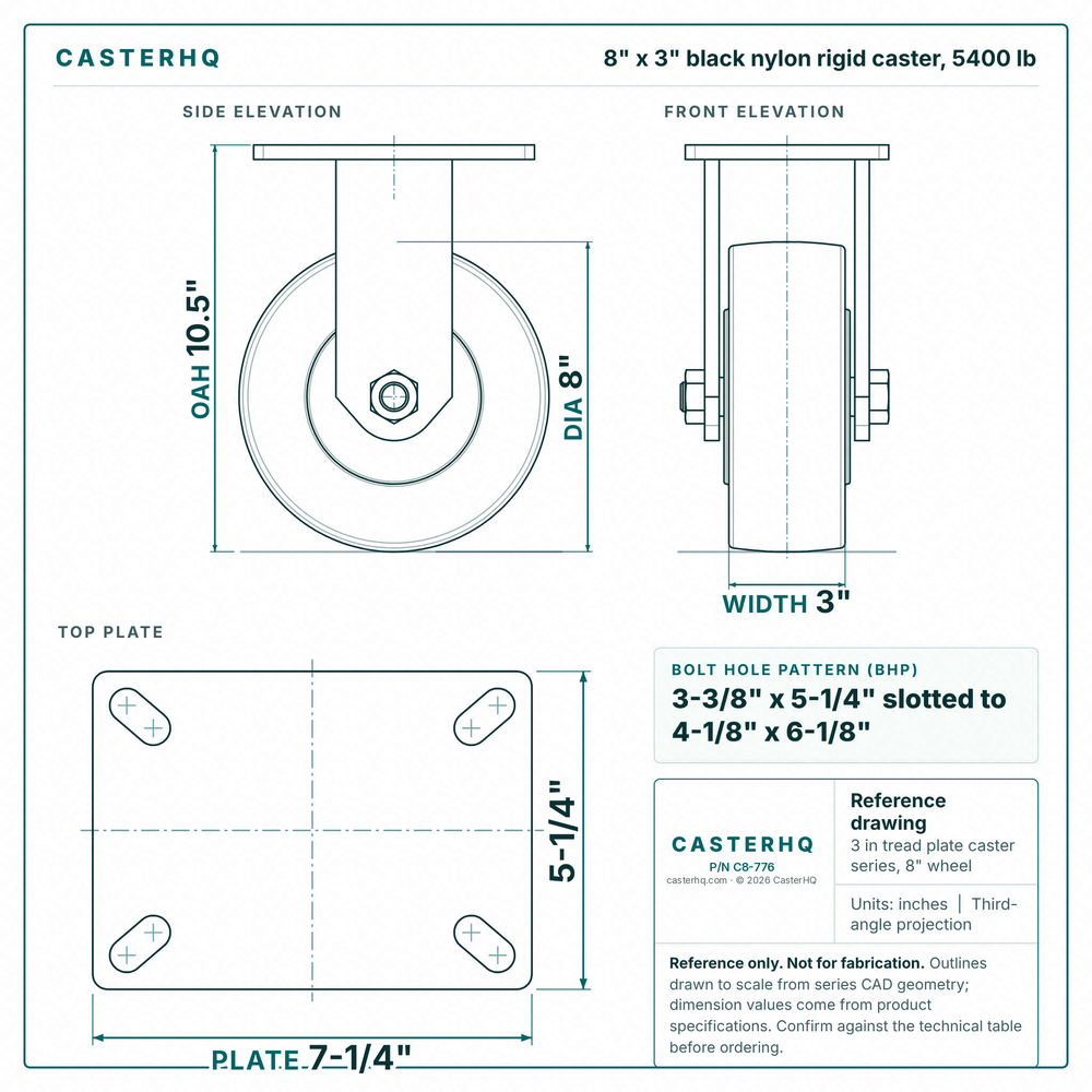 8 x 3 in black nylon rigid caster reference drawing, side, front and top plate views with dimensions