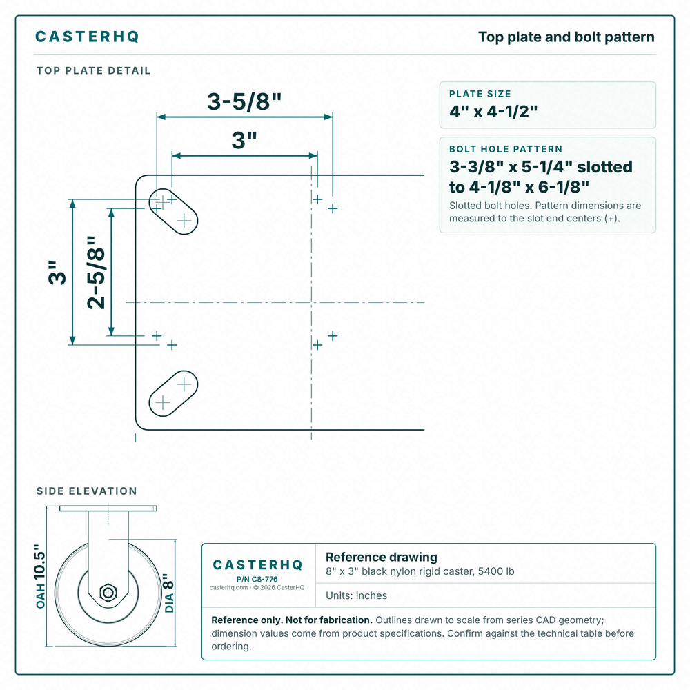 Top plate bolt pattern drawing, ["5-1/4\" x 7-1/4\""] plate, slotted bolt holes