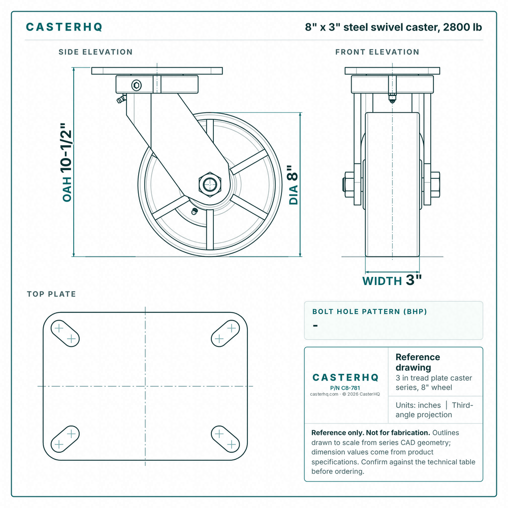 8 x 3 in steel swivel caster reference drawing, side, front and top plate views with dimensions