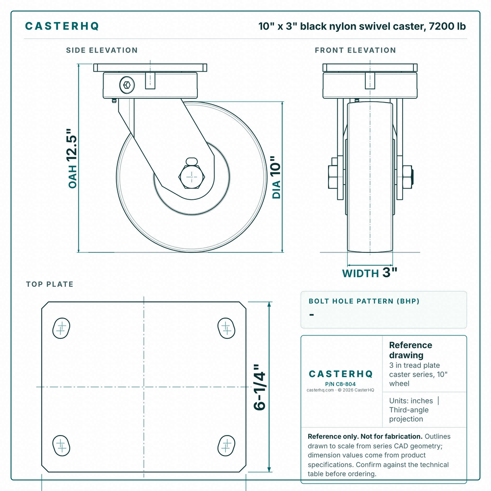 10 x 3 in black nylon swivel caster reference drawing, side, front and top plate views with dimensions