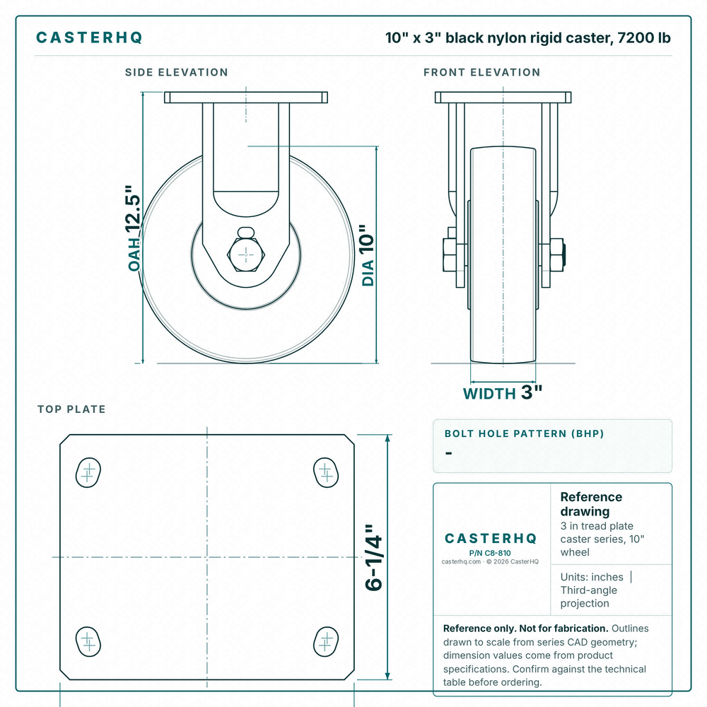 10 x 3 in black nylon rigid caster reference drawing, side, front and top plate views with dimensions