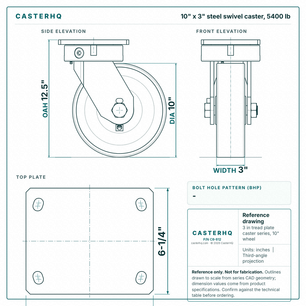 10 x 3 in steel swivel caster reference drawing, side, front and top plate views with dimensions