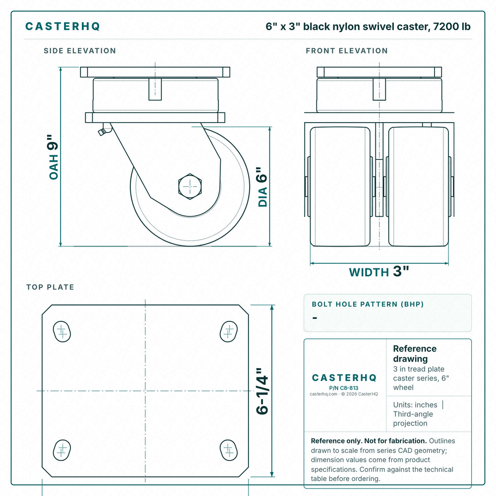 6 x 3 in black nylon swivel caster reference drawing, side, front and top plate views with dimensions