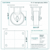 8 x 3 in steel rigid caster reference drawing, side, front and top plate views with dimensions