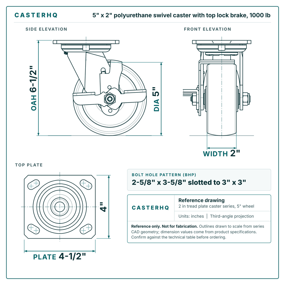 5 x 2 in polyurethane swivel caster with top lock brake reference drawing, side, front and top plate views with dimensions