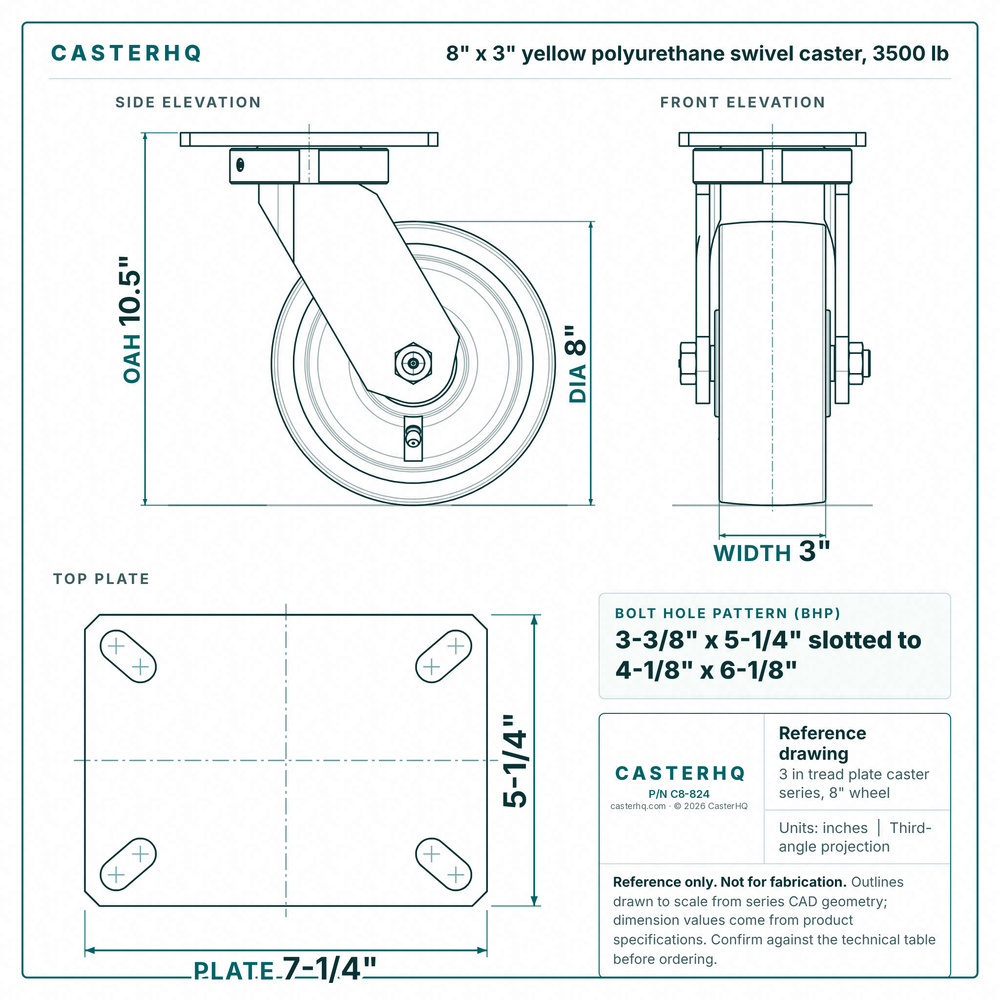 8 x 3 in yellow polyurethane swivel caster reference drawing, side, front and top plate views with dimensions