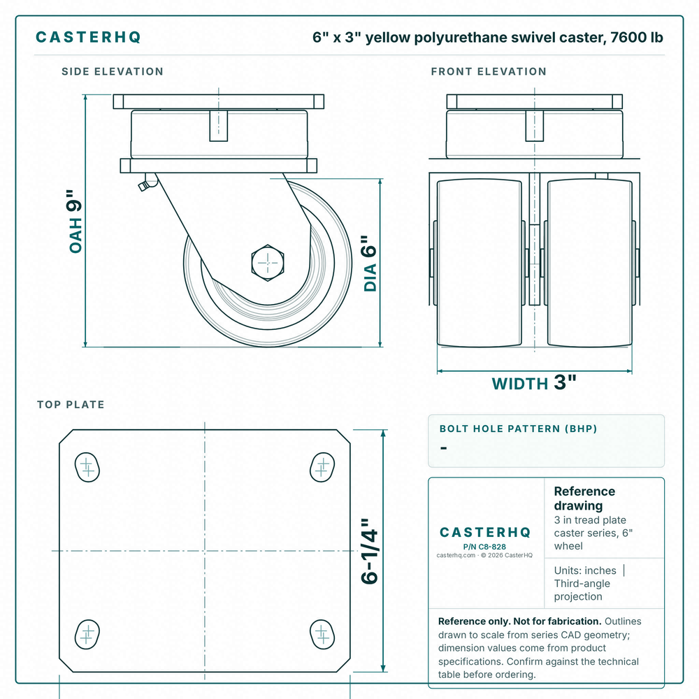 6 x 3 in yellow polyurethane swivel caster reference drawing, side, front and top plate views with dimensions