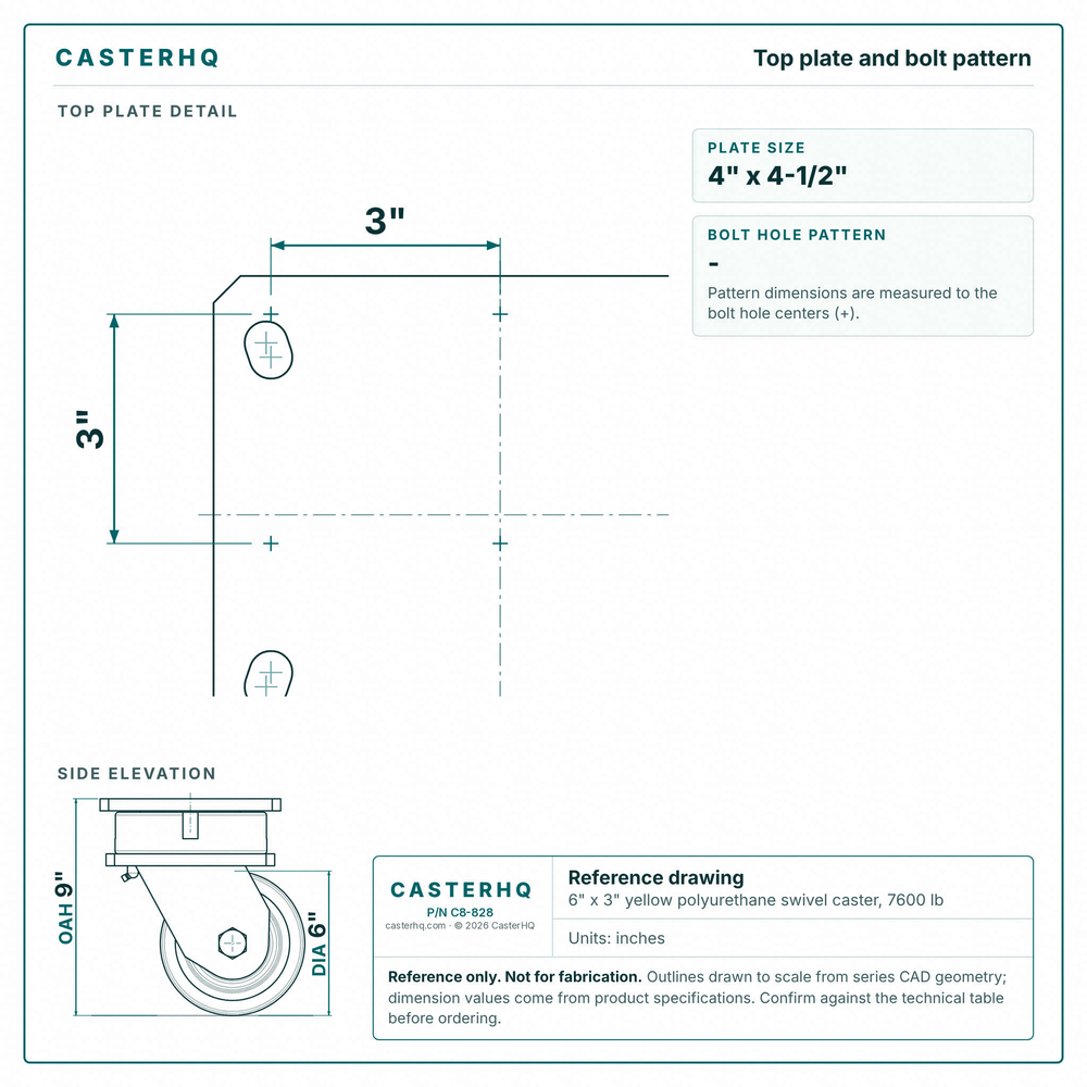 Top plate bolt pattern drawing, ["6-1/4\" x 7-1/2\""] plate