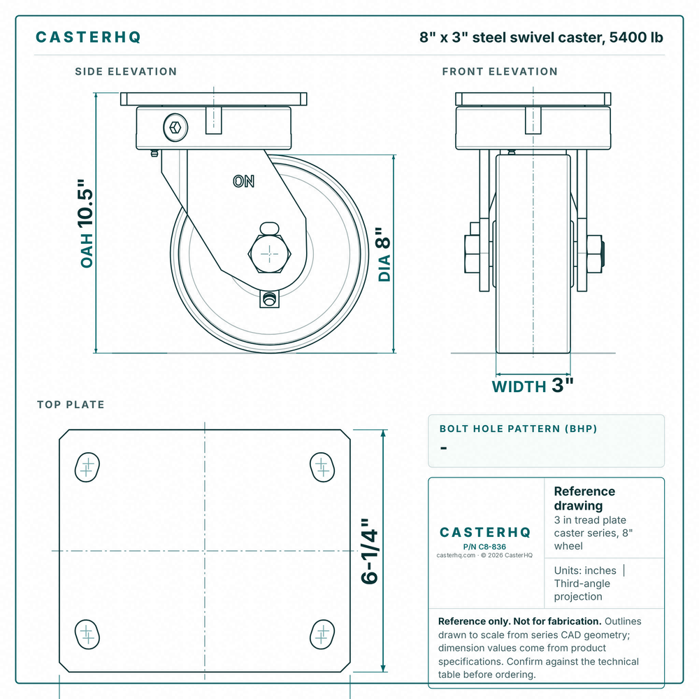 8 x 3 in steel swivel caster reference drawing, side, front and top plate views with dimensions