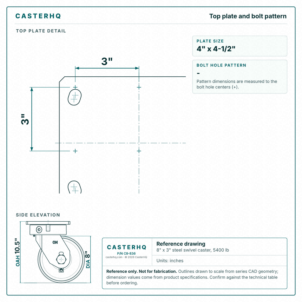 Top plate bolt pattern drawing, ["6-1/4\" x 7-1/2\""] plate
