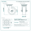 5 x 2 in polyurethane swivel caster reference drawing, side, front and top plate views with dimensions