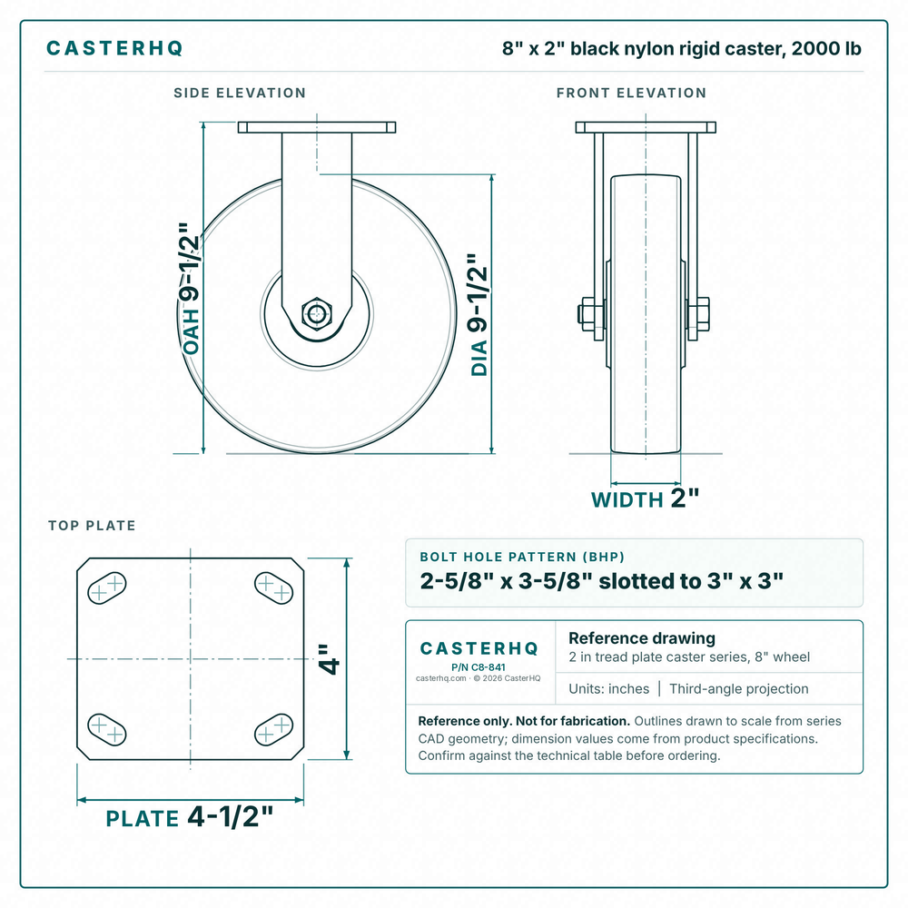 8 x 2 in black nylon rigid caster reference drawing, side, front and top plate views with dimensions