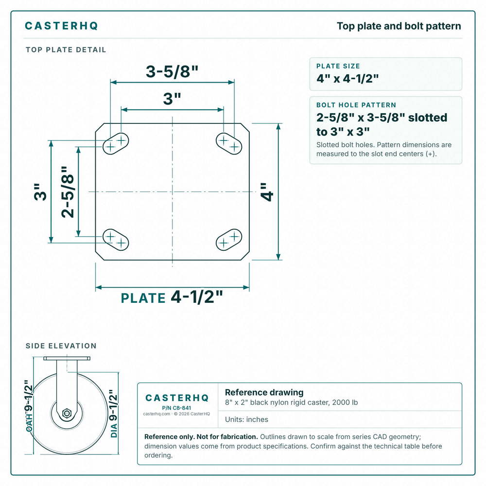 Top plate bolt pattern drawing, ["4\" x 4-1/2\""] plate, slotted bolt holes