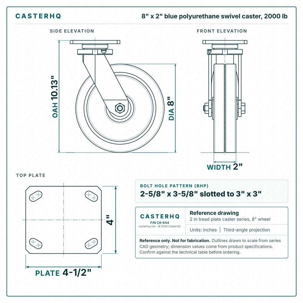 8 x 2 in blue polyurethane swivel caster reference drawing, side, front and top plate views with dimensions