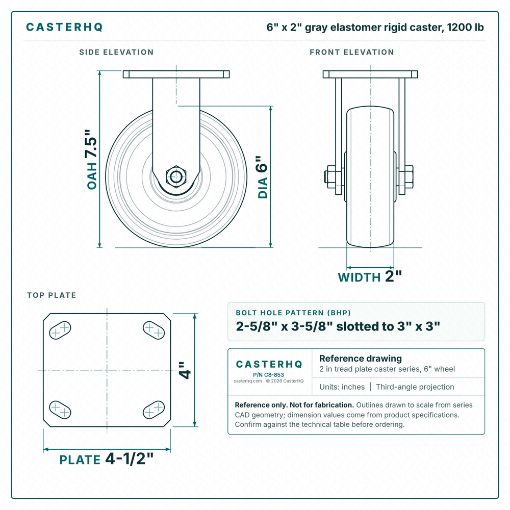 6 x 2 in gray elastomer rigid caster reference drawing, side, front and top plate views with dimensions