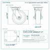 6 x 2 in gray elastomer swivel caster reference drawing, side, front and top plate views with dimensions