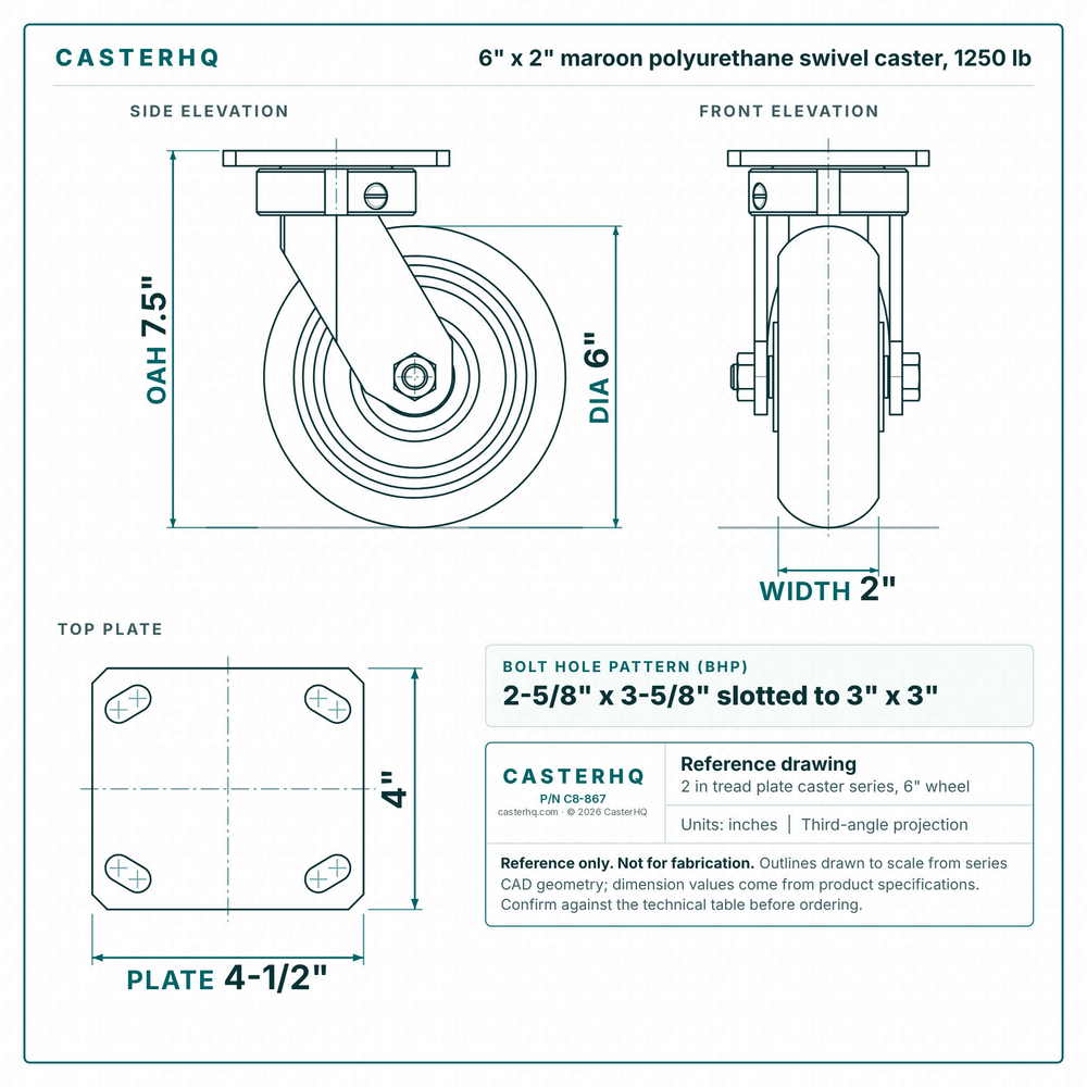 6 x 2 in maroon polyurethane swivel caster reference drawing, side, front and top plate views with dimensions